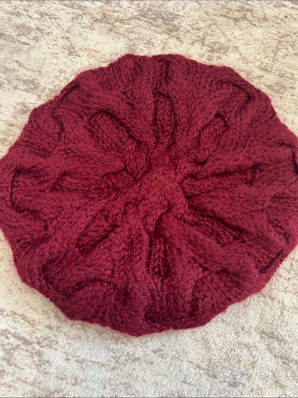 J. Jill Chunky Cable Knit Wool Blend Beret Hat Alpaca Blend burgundy